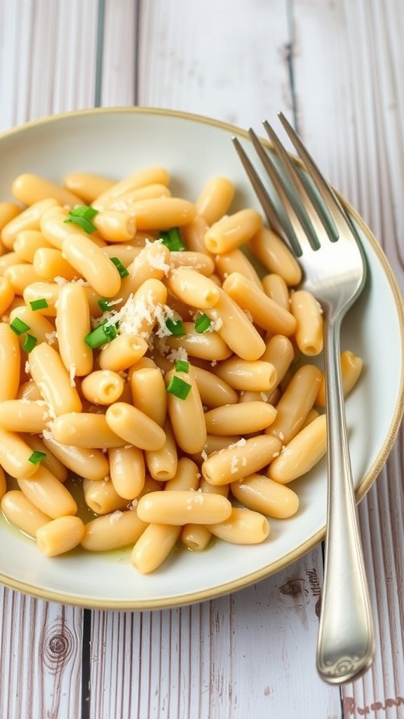 A plate of garlic parmesan white beans garnished with parsley and parmesan cheese on a rustic table.